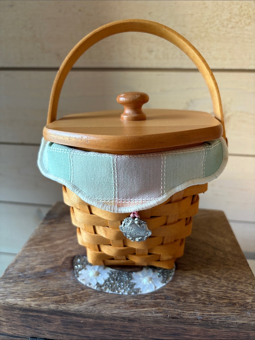 Longaberger Light Wood Basket with Mint Fabric Liner and Charm